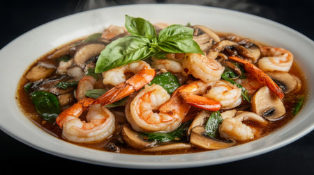 A plate of Thai Tom Yum soup, filled with shrimp, mushrooms, and fresh herbs, steaming in a bowl, capturing the vibrant colors and aromatic appeal of the dishの素材