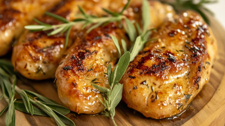 A plate of golden-brown sausages, with crispy edges, arranged neatly on a wooden board, garnished with fresh herbs, and lit by soft natural lightの素材