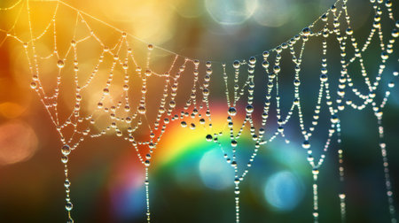 A rainbow reflecting in raindrops on a spiderweb, with blurred greenery in the background for a natural, tranquil lookの素材