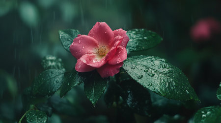 A red rose with water droplets surrounded by green leaves, photographed in soft natural light to enhance its vibrant colorの素材