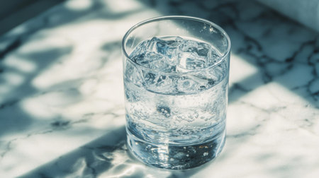 A refreshing glass of soda with ice cubes, showcasing the bubbles and fizz, sitting on a cool marble surface, with natural light highlighting the glass's clarityの素材