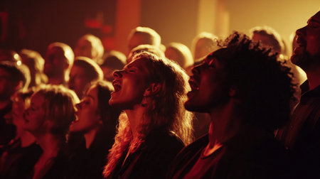 A full choir on stage, their faces expressing deep emotion as they sing together, with warm lighting creating a welcoming atmosphere in the performance spaceの素材