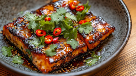 A detailed shot of fried seabass served with a glossy fish sauce glaze, garnished with cilantro and chilies, emphasizing the flavors and textures of the Thai dishの素材