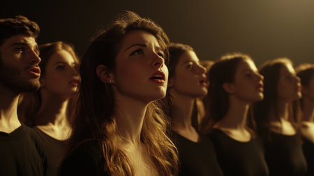 A group of singers in a choir performance, positioned in perfect rows, with their faces focused and the harmony of their voices depicted through soft lightingの素材