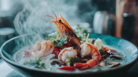 A plate of Thai Tom Yum soup, filled with shrimp, mushrooms, and fresh herbs, steaming in a bowl, capturing the vibrant colors and aromatic appeal of the dishの素材