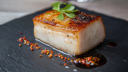 A perfectly fried pork belly with a crispy texture and golden color, served with a drizzle of fish sauce on top, placed on a black plate with a minimalist backgroundの素材