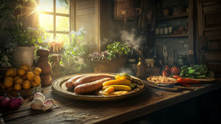 A plate of freshly cooked sausages with a perfect golden-brown color, served with pickles and mustard, surrounded by fresh vegetables and soft lightingの素材