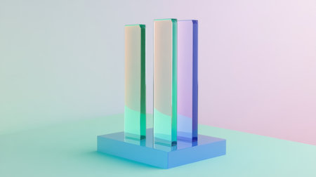 A sleek, D-rendered bar graph with tall, shiny bars in shades of blue and green, illustrating a rise in market data over a specified periodの素材