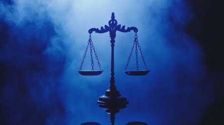 A shot of a balanced scale of justice on a reflective surface with soft lighting, creating a serene and formal atmosphere of fairnessの素材