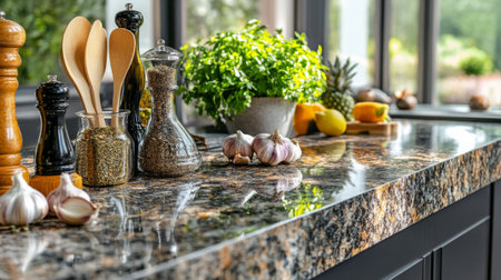 A set of clean cooking utensils on a kitchen countertop, with a variety of ingredients like garlic, herbs, and spices scattered around, ready for cookingの素材