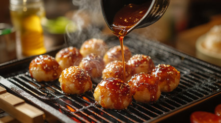 A sizzling batch of takoyaki on a hot grill, with sauce being poured over the top, surrounded by condiments and cooking toolsの素材