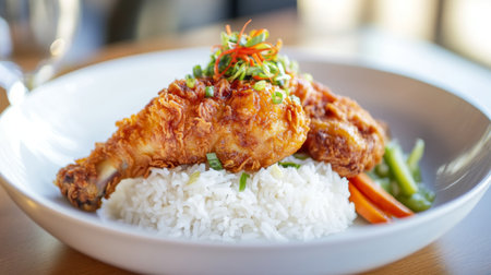 A shot of crispy fried chicken placed on a bed of steamed white rice, accompanied by a few fresh vegetables, with a focus on the textures of the foodの素材