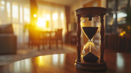 A side view of a vintage hourglass with dark sand flowing, placed on a polished wood surface with a blurred background of a cozy study roomの素材