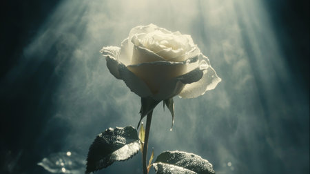 A single white rose with water droplets on its petals, illuminated by soft sunlight for a serene and peaceful ambianceの素材