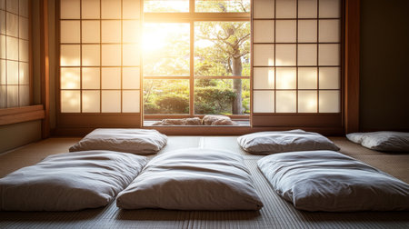 A simple Japanese bedroom with futons laid out on a tatami mat, soft natural lighting coming from a paper window, evoking calm and simplicityの素材