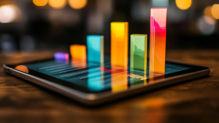 A sleek and modern financial bar graph displayed on a tablet screen with colorful bars showing fluctuations in the market over timeの素材
