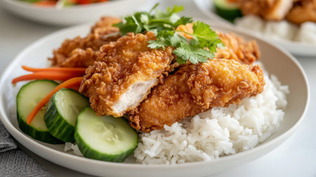 A shot of crispy fried chicken placed on a bed of steamed white rice, accompanied by a few fresh vegetables, with a focus on the textures of the foodの素材