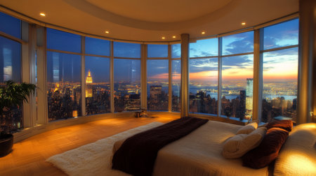 A spacious, high-end bedroom with floor-to-ceiling windows, offering a panoramic view of the city, complemented by luxurious furnishings and rich texturesの素材