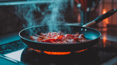 A sizzling pan with perfectly fried bacon strips, glistening with oil, with crispy edges and a savory aroma captured in the soft morning lightの素材