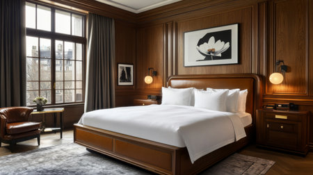 A sophisticated, minimalist bedroom with a large bed framed by polished wood, elegant lighting fixtures, and rich textures like leather and velvet throughoutの素材