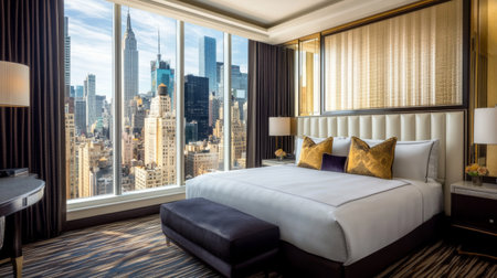 A spacious, high-end bedroom with floor-to-ceiling windows, offering a panoramic view of the city, complemented by luxurious furnishings and rich texturesの素材