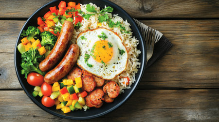 A top-down view of a plate of American fried rice with crispy fried egg, sausages, and vegetables, all arranged neatly on a rustic wooden tableの素材