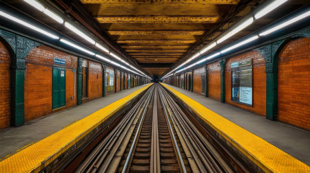 A top-down view of a subway tunnel with parallel tracks stretching far into the distance, illuminated by strategically placed lights, creating an industrial, minimalist lookの素材