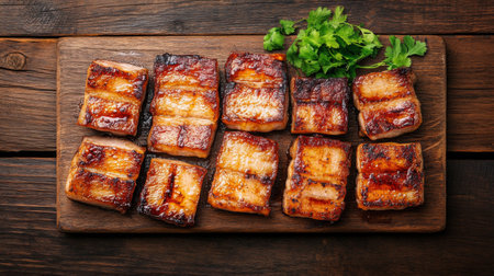 A top-down view of crispy pork belly slices, golden and glistening with fish sauce, placed on a wooden cutting board with a subtle reflection of lightの素材