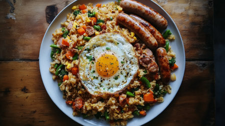 A top-down view of a plate of American fried rice with crispy fried egg, sausages, and vegetables, all arranged neatly on a rustic wooden tableの素材