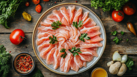 A vibrant plate of thinly sliced pork for shabu, arranged neatly beside a hot pot, surrounded by fresh vegetables and dipping sauces on a wooden tableの素材
