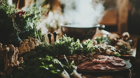 A variety of fresh ingredients for shabu laid out on a table, including sliced pork, mushrooms, and leafy greens, with a steaming pot of broth in the backgroundの素材