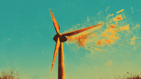 A vibrant scene of a wind turbine spinning rapidly against a clear blue sky, illustrating the strength and speed of wind energyの素材