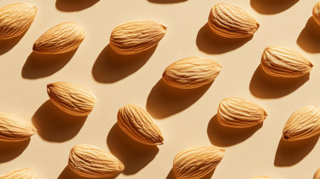 A vibrant shot of whole almonds on a neutral background, showcasing the glossy finish and fine details of their brown, textured skinの素材