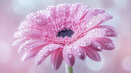 A vibrant flower with water droplets on its petals, placed against a soft, blurred background, with droplets glistening in the sunlightの素材