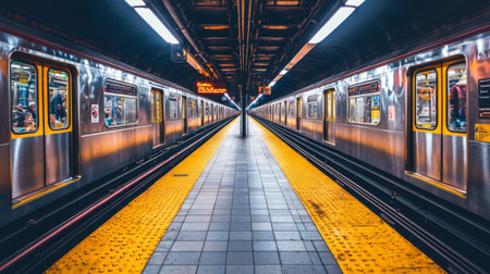 A wide-angle view of an empty subway tunnel with track rails disappearing into the distance, with soft lighting on the walls highlighting the tunnel's spacious interiorの素材