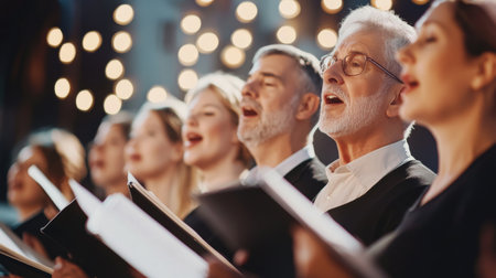 A wide-angle shot of a choir singing together, their voices united in harmony with the soft focus on their facial expressions and musical gesturesの素材