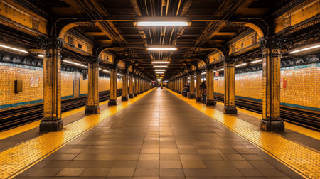 A wide-angle view of an empty subway tunnel with track rails disappearing into the distance, with soft lighting on the walls highlighting the tunnel's spacious interiorの素材