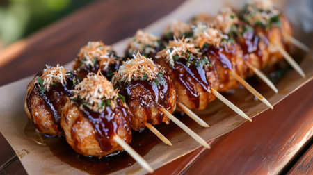 Takoyaki balls on a traditional wooden skewer, drizzled with sauce and sprinkled with bonito flakes, served on a rustic wooden tableの素材