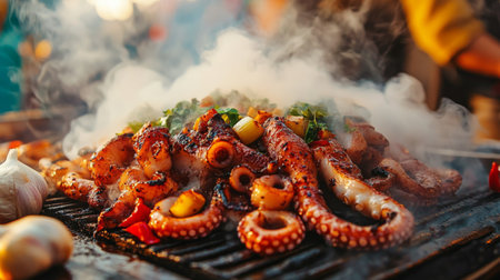 Octopus tentacles sizzling on a hot grill with garlic cloves and chili peppers, releasing a smoky and aromatic ambianceの素材