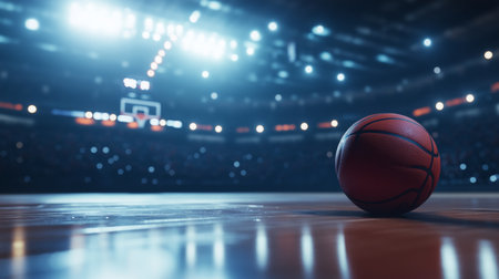 A wide shot of a well-lit basketball court with the basketball positioned near the hoop, ready for a shot, creating a moment of anticipation and energyの素材