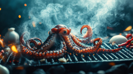Octopus tentacles sizzling on a hot grill with garlic cloves and chili peppers, releasing a smoky and aromatic ambianceの素材