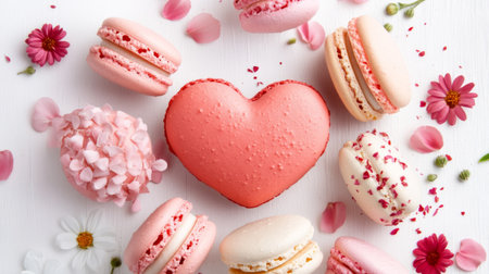 Delicate macarons in pink and red hues arranged in a heart shape on a white background, surrounded by scattered flower petals for a romantic feelの素材