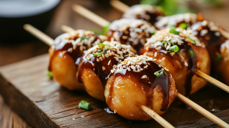 Takoyaki balls on a traditional wooden skewer, drizzled with sauce and sprinkled with bonito flakes, served on a rustic wooden tableの素材