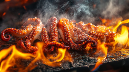 Skewers of marinated octopus grilling over an open flame, with sizzling juices and smoke rising into the air for a mouthwatering effectの素材