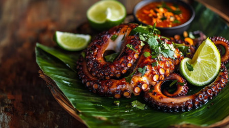 Grilled octopus resting on a banana leaf over a wooden table, accompanied by lime wedges and spicy dipping sauce for a Thai-inspired lookの素材