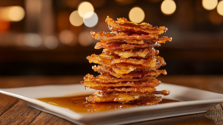 A stack of crispy bacon strips on a white plate, arranged neatly with a light drizzle of maple syrup, on a wooden table with soft natural lightingの素材