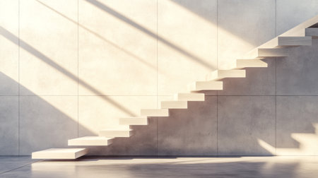 A wooden staircase with smooth, neutral-colored steps leading up to a minimalist home, surrounded by clean, white walls and soft natural lightの素材