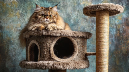 A fluffy Persian cat sitting proudly on top of a multi-level cat house, gazing down like a king in its cozy indoor kingdom.の素材