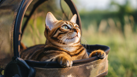 A curious Bengal cat inside a pet stroller, playfully pawing at the mesh cover while enjoying a fun outdoor adventure.の素材
