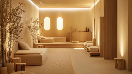 A cozy Scandinavian-style hall with neutral tones, soft lighting, and minimalist furniture. The space feels warm and welcoming with a natural aesthetic.の素材